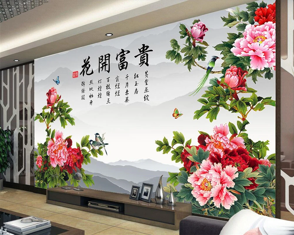 Custom wallpaper flower opens a rich peony auspicious Chinese TV background walls living room bedroom 3d wallpaper