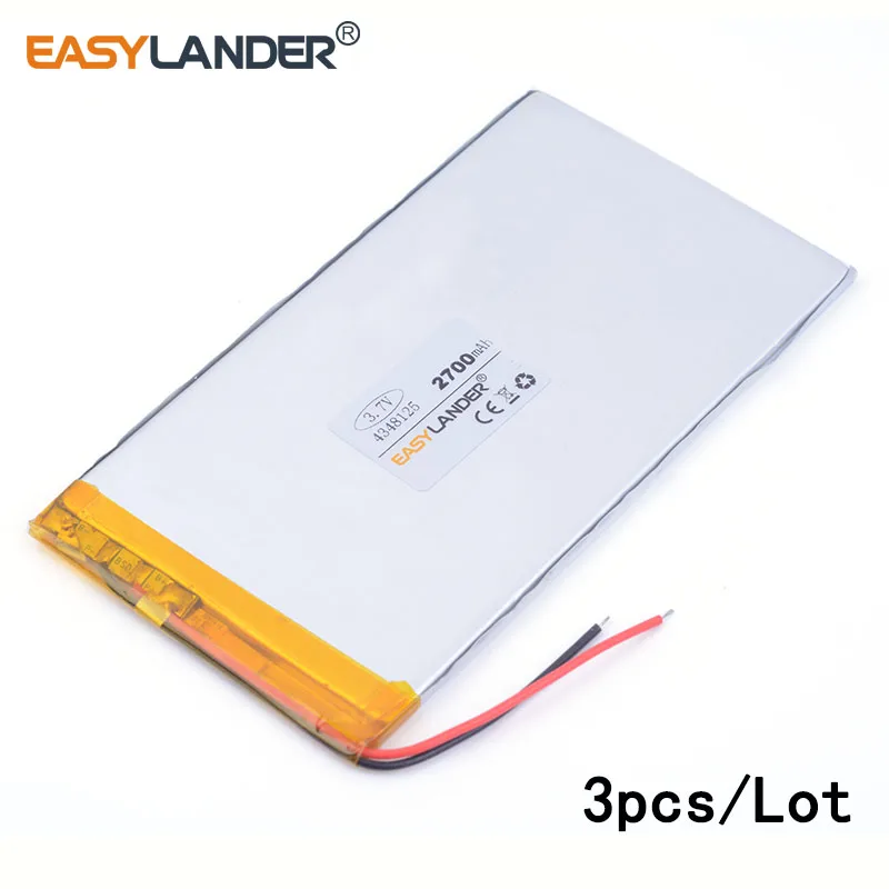 

3pcs /Lot 3.7V 2700mAH 4348125 lithium Li ion polymer rechargeable battery for tablet pc power bank speaker pipo power bank PAD