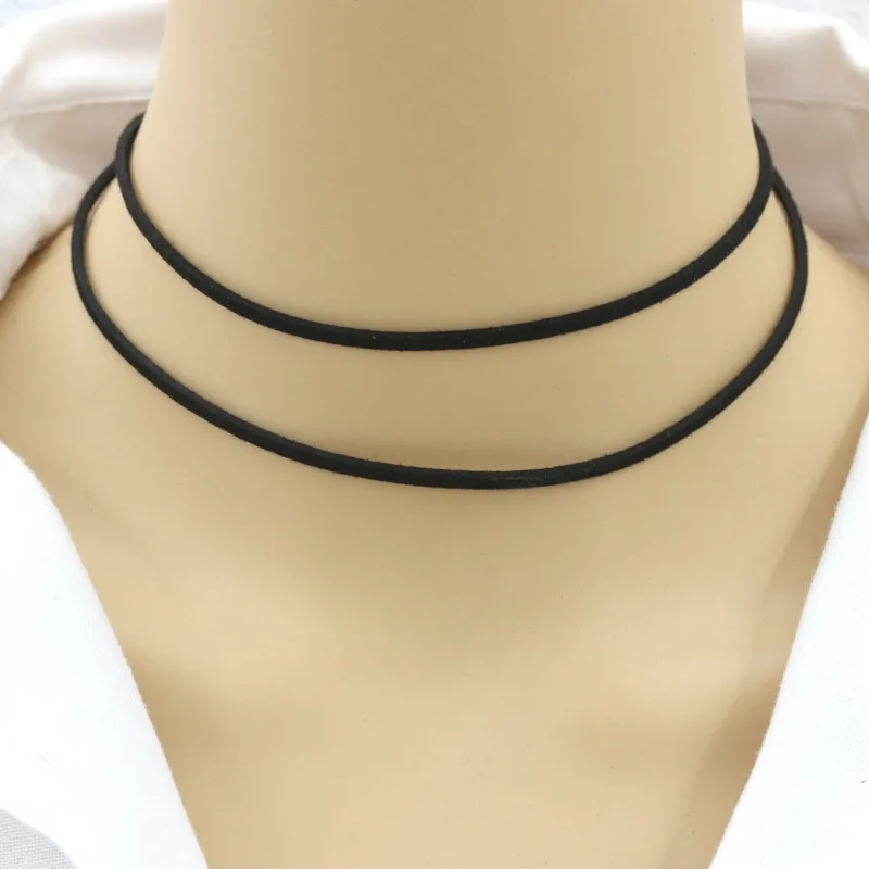 Simple Double Black Leather Bands without Pendant Choker Necklace for Women Around 35 cm