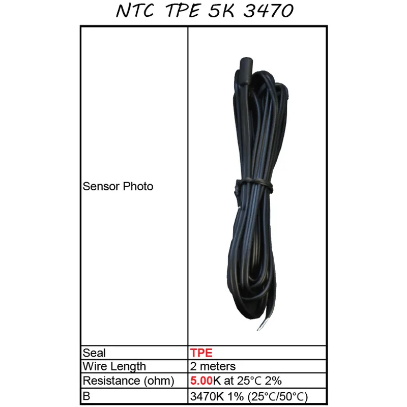 NTC temperature sensor, TPE sealed, 5.00K ohm at 25C, B=3470K (25C/50C), Wire length 2 meter, Lilytech