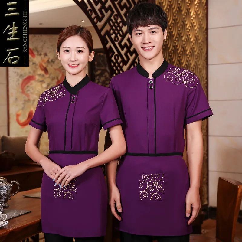 Hotel Restaurant Waiter Overalls Short Sleeve Chinese Catering Waiter Uniform Tea House Waitress Uniform Food Service Outfit 90