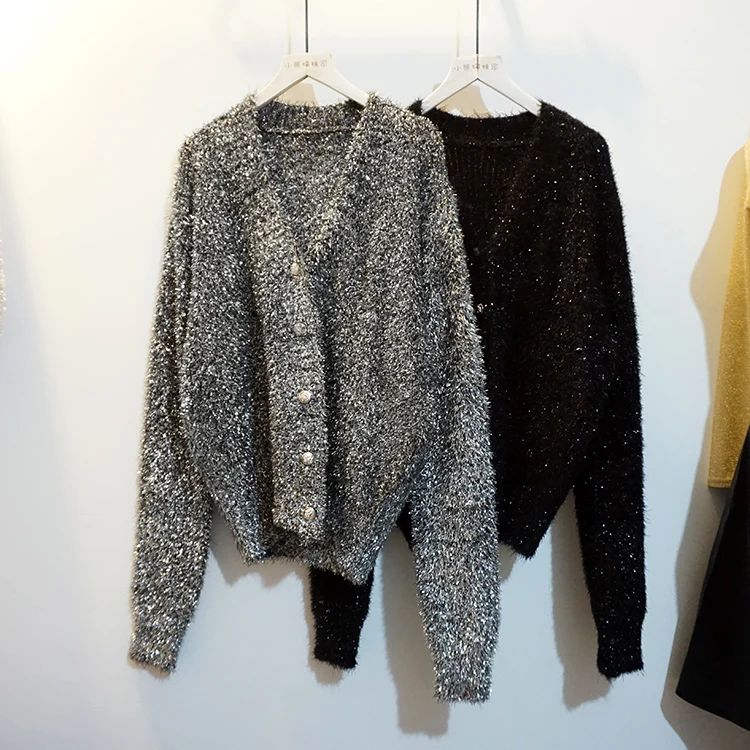 Cakucool maglione donna Lurex oro primavera Bling monopetto paillettes punto aperto Slim scollo a v cardigan Vintage maglioni donna