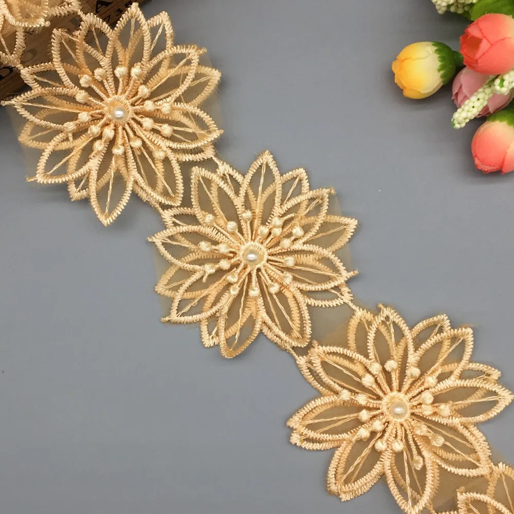 1 Yard Gold 3D Flowers Pearl Embroidered African Lace Trim Ribbon Fabric Handmade DIY Sewing Craft For Costume Hat Decoration