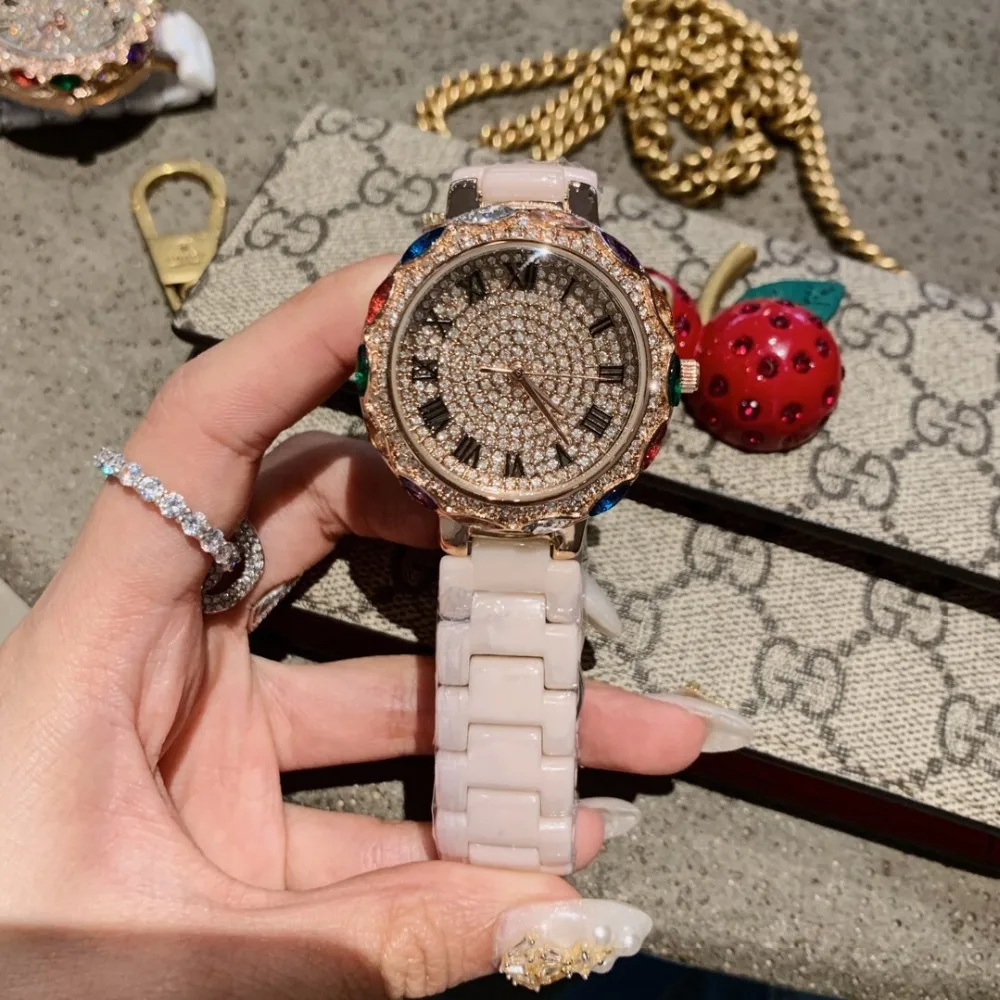 Brand Classic Women Colorful Rhinestones Watches Luxury Full Crystals Watch Real High Tech Ceramic Bracelet Wrist watch Roman