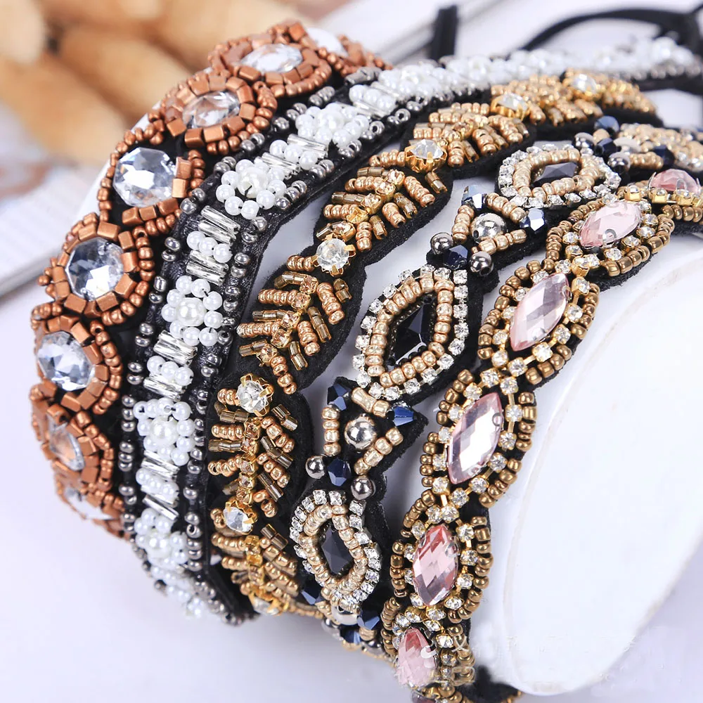 Eropa Rhinestone Manik-manik Buatan Tangan Elastis Rambut Band untuk Wanita Non-Slip Batu Permata Bulang Wanita Gadis Pernikahan Headband Bridal