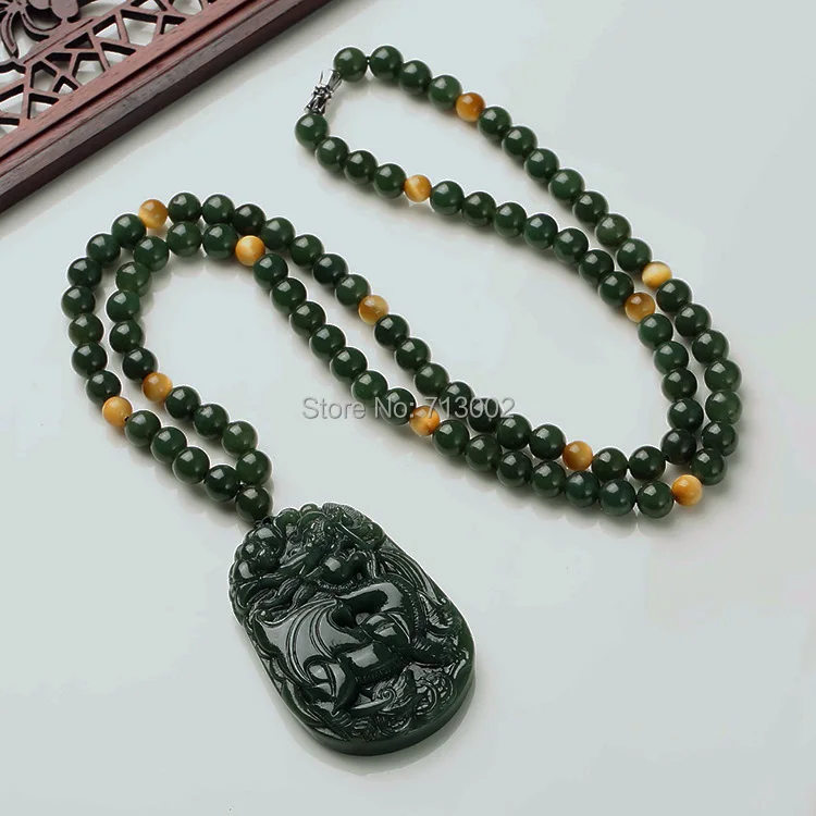 Admirable Brings wealth beast Amulet kylin Pendant mala bead Hanging Necklace Lucky TALISMAN bottle green jade