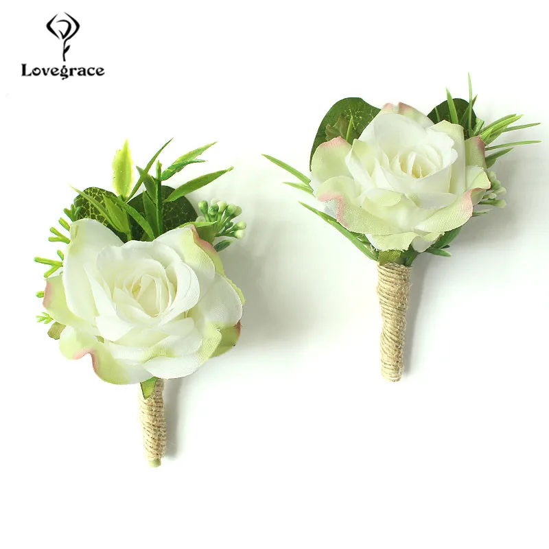 Hochzeit Zubehör Corsagen Weiß Rosen Bräutigam Boutonnieres Blumen Groomsmen Knopfloch Ehe Pin Gäste Seide Handgelenk Korsagen