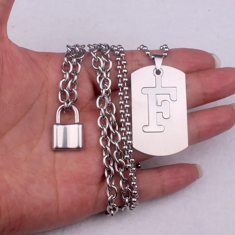 Grunge Punk stainless steel 26 English alphabet A to Z Military card lock necklaces men rock punk padlock necklaces women