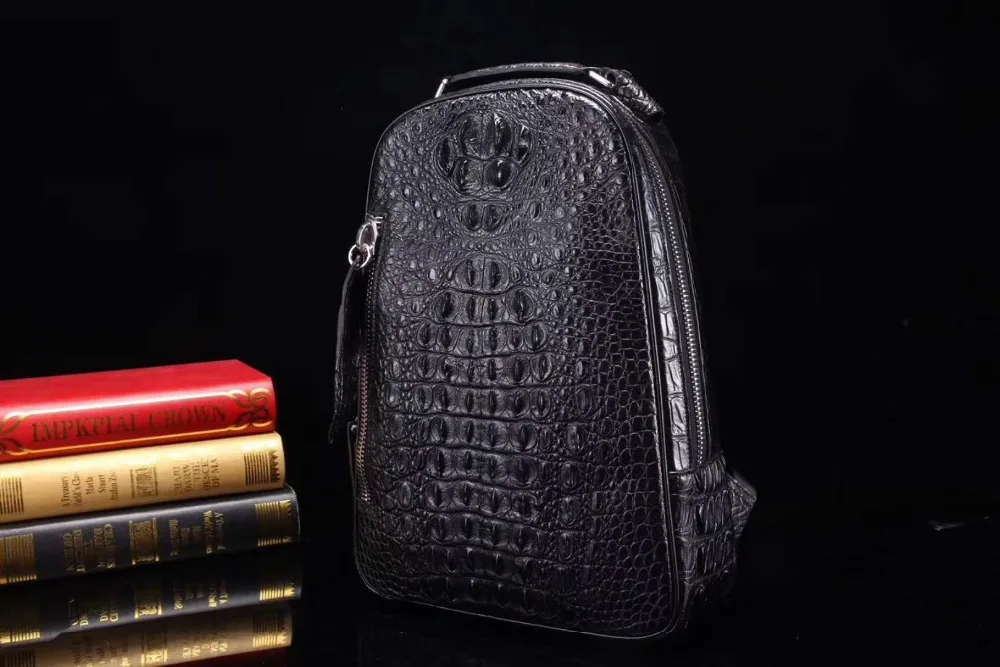 100% real genuine crocodile head skin alligator leather leisure men backpack bag black color daily pack bag black color