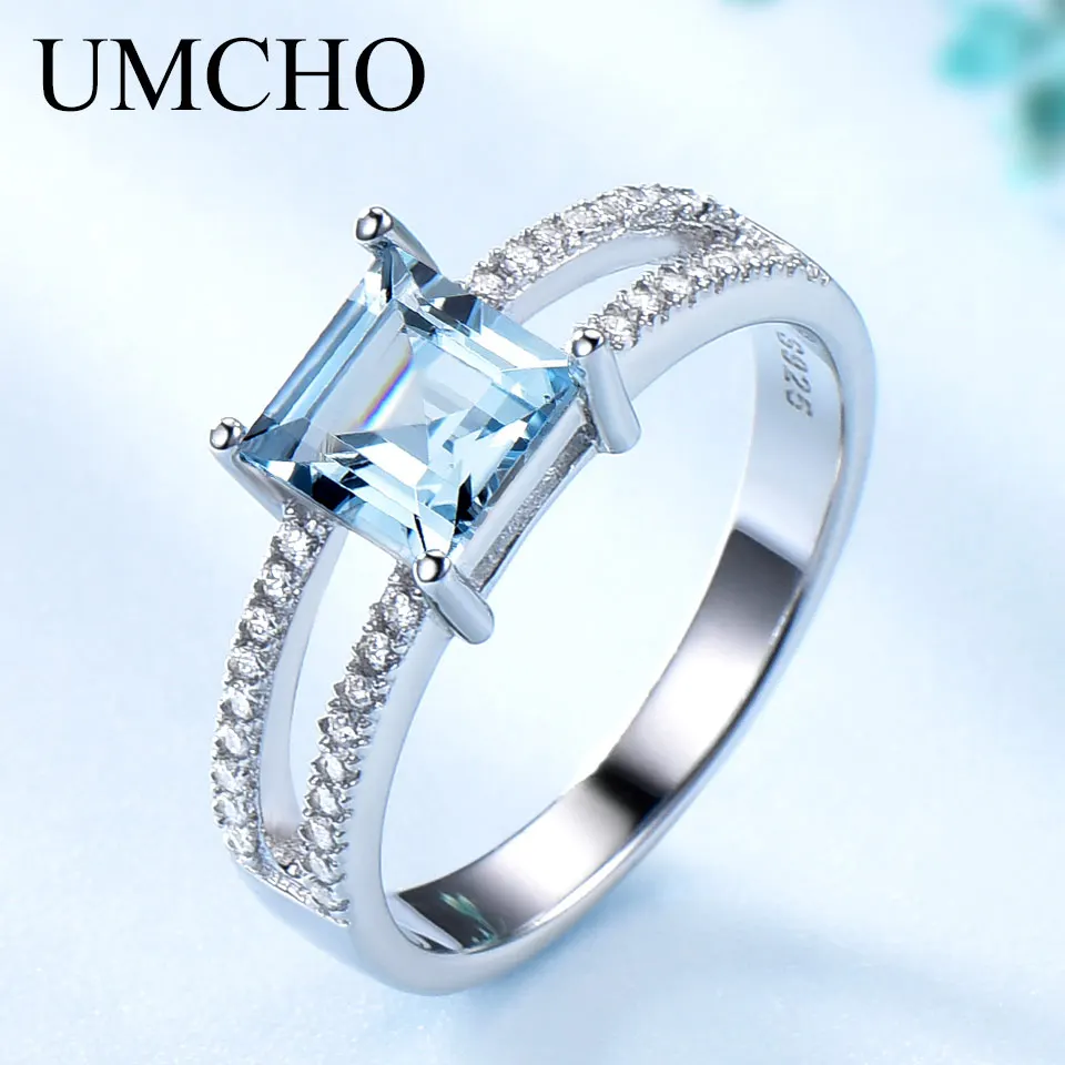 

UMCHO Sky Blue Topaz Rings For Women 925 Sterling Silver Wedding Band Anniversary Dainty Ring Square Cut Gemstone Fine Jewelry