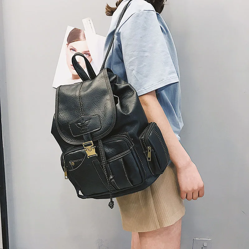 Vintage Women Backpack High Quality Leather School Bags for Teenage Girls Large Drawstring Backpacks Black Brown Rucksack XA50H