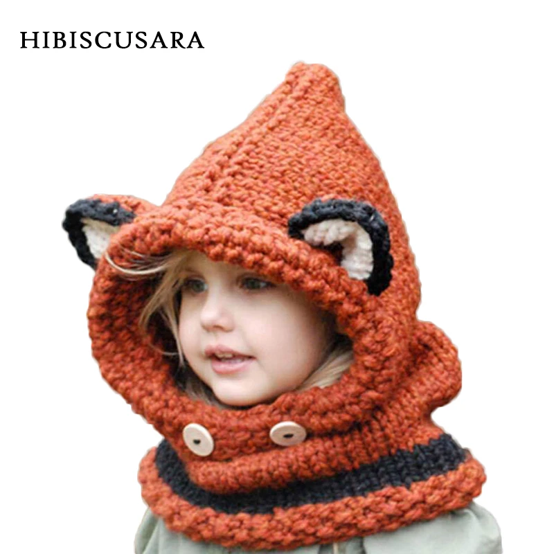 

1-7 Years Animal Baby Hats With Scarf Kids Winter Warm Hats Wrap Boy Girl Fox Dinosaur Caps Autumn Children Knitted Hat Cloak