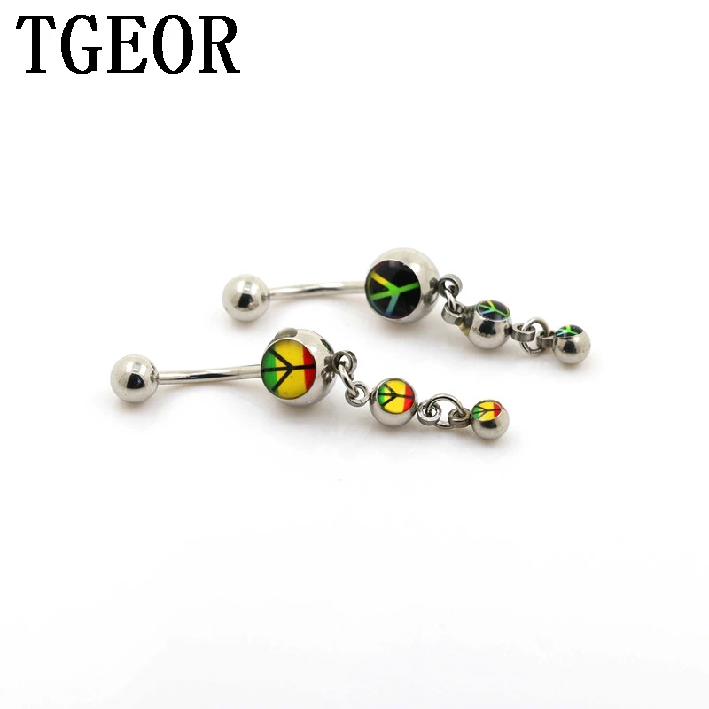 Hot wholesale 1.6*11*5/8 mm 10pcs dangle ball with rasta peace logo navel ring Stainless Steel belly button ring free shipping