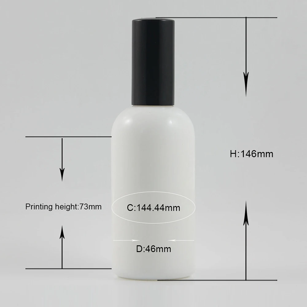 50pcs wholesale empty 100ml round white  bottle with black mist spray pump, glass cosmetic botte 100ml