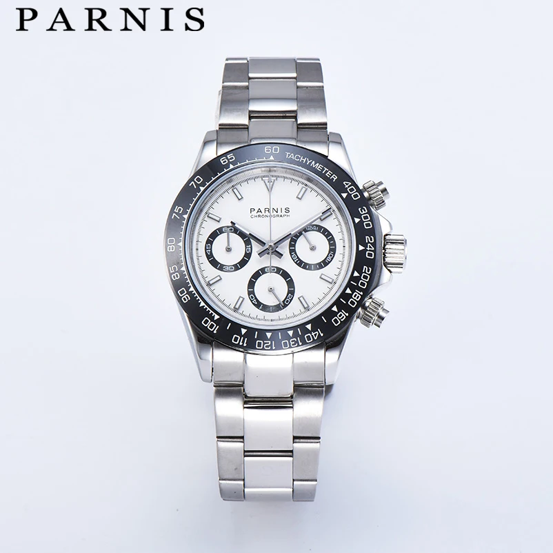 Luxury Parnis 39mm Silver Case Quartz Chronograph Watches Men Waterproof Sapphire Crystal Men\'s Wristwatches Relogio Masculino