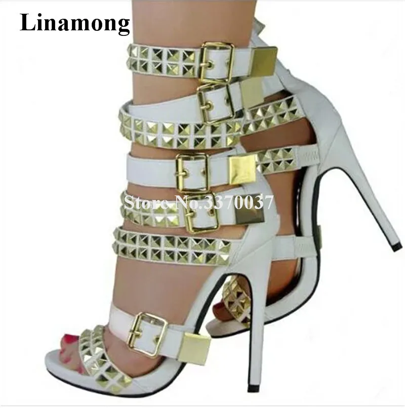 New Fashion Women Open Toe Gold Rivet Straps Thin Heel Gladiator Sandals White Black Buckles High Heel Sandals Club Shoes