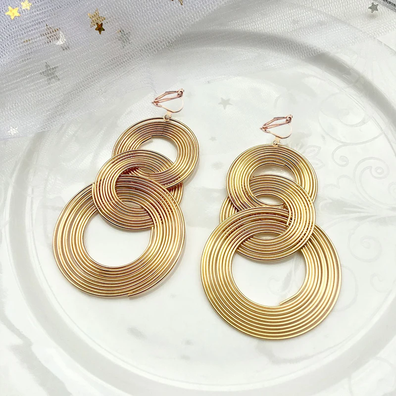 JIOFREE Punk Gold Color Big Geometric 3 Circle Long Clip Earrings For Women Bohemian Party Exaggerated Brincos Fashion Jewelry