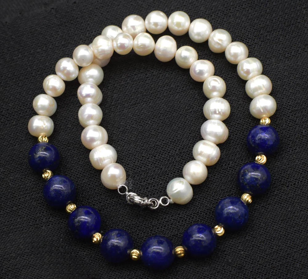 wholesale  freshwater pearl white  and blue lapis 12mm round necklace 18inch  FPPJ nature beads