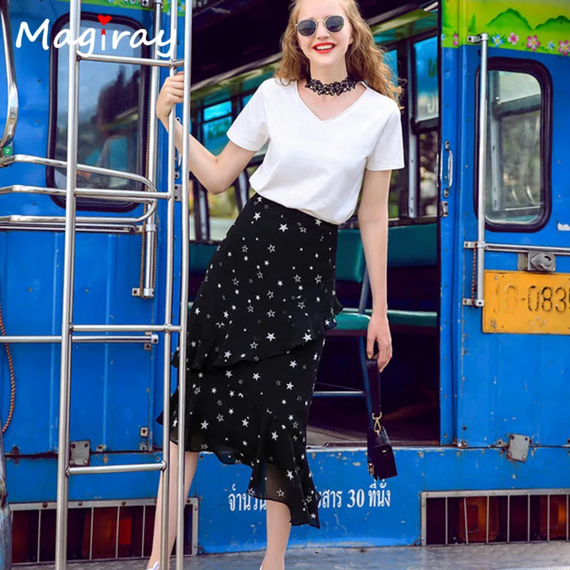 Magiray Stars Print Chiffon Long Skirts Womens Elastic High Waist Ruffle Midi Skirt Summer 2018 A Line Floral Black C478