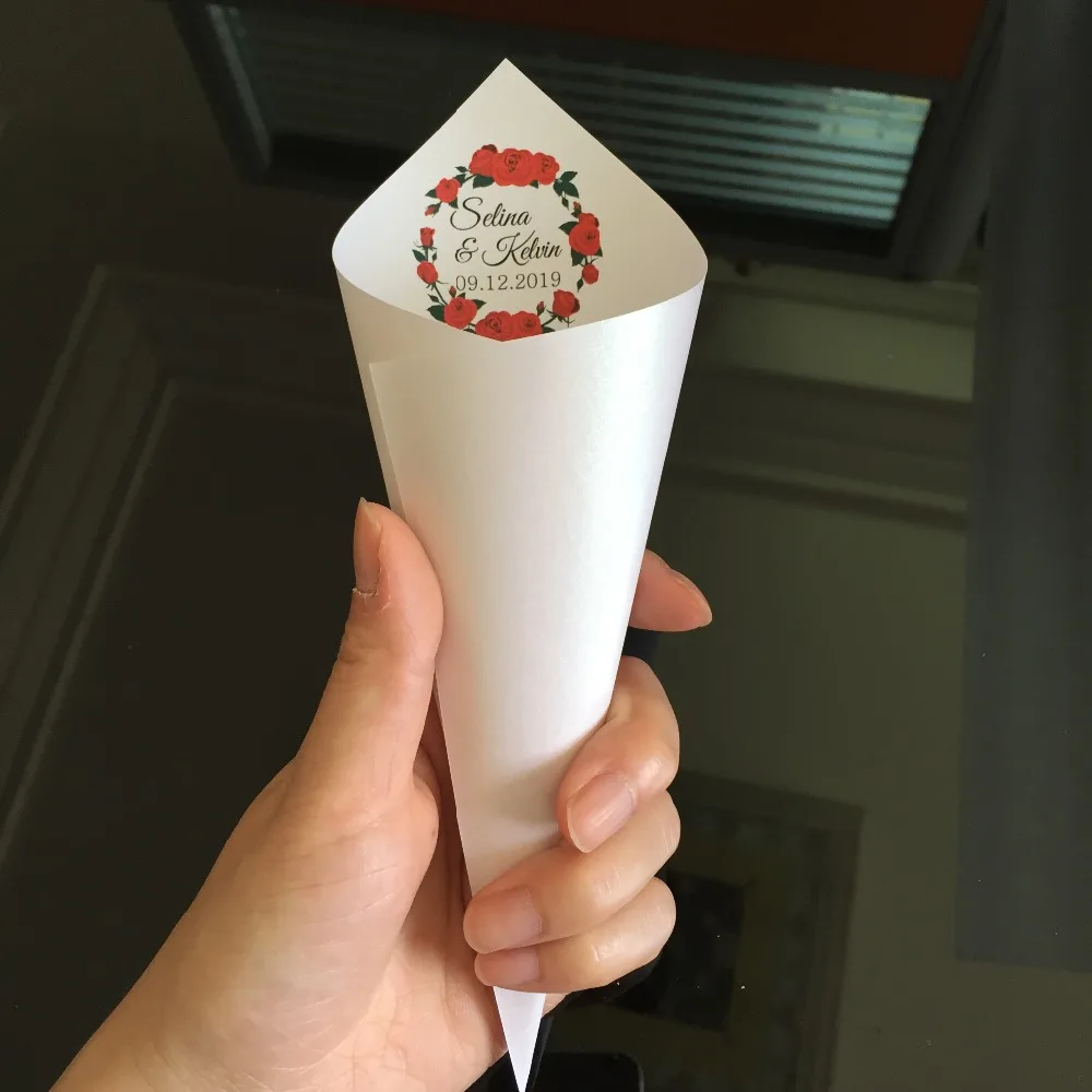 25 Personalized Wedding Confetti Cones ivory pearly paper custom name red rose petal tossing cones Do it yourself for guests