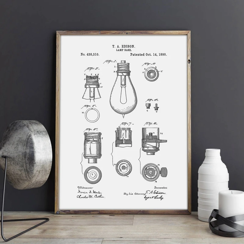 Edison Lamp Base Patent Prints Thomas Edison Bulb Wall Art Posters Lighting Decor Vintage Blueprint Gift idea Wall Decoration