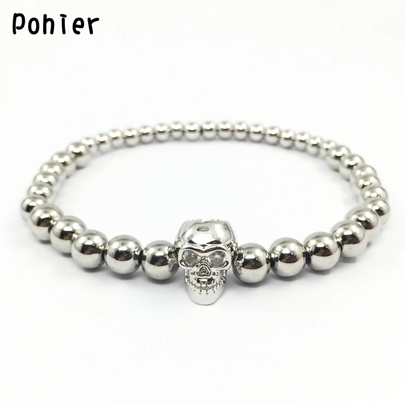 POHIER Men DIY Copper Beads  Skull With Clear CZ Charms Bracelet For Women Men Jewelry stretch Bracelets