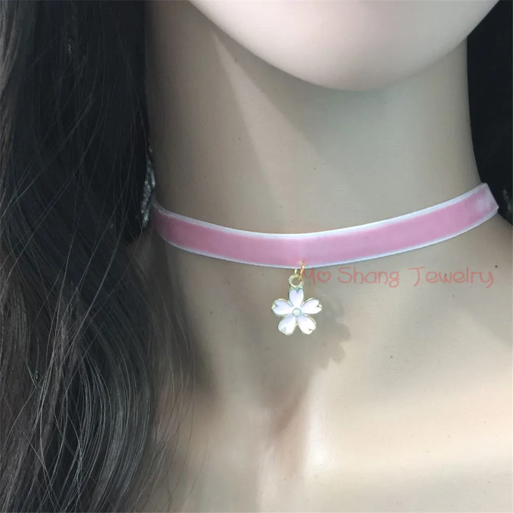 NEUE Mode Kirschblüten Anhänger Rosa Samt Halskette Aussage Pullover Choker Handgemachte Schmuck Wunderbare Geschenk