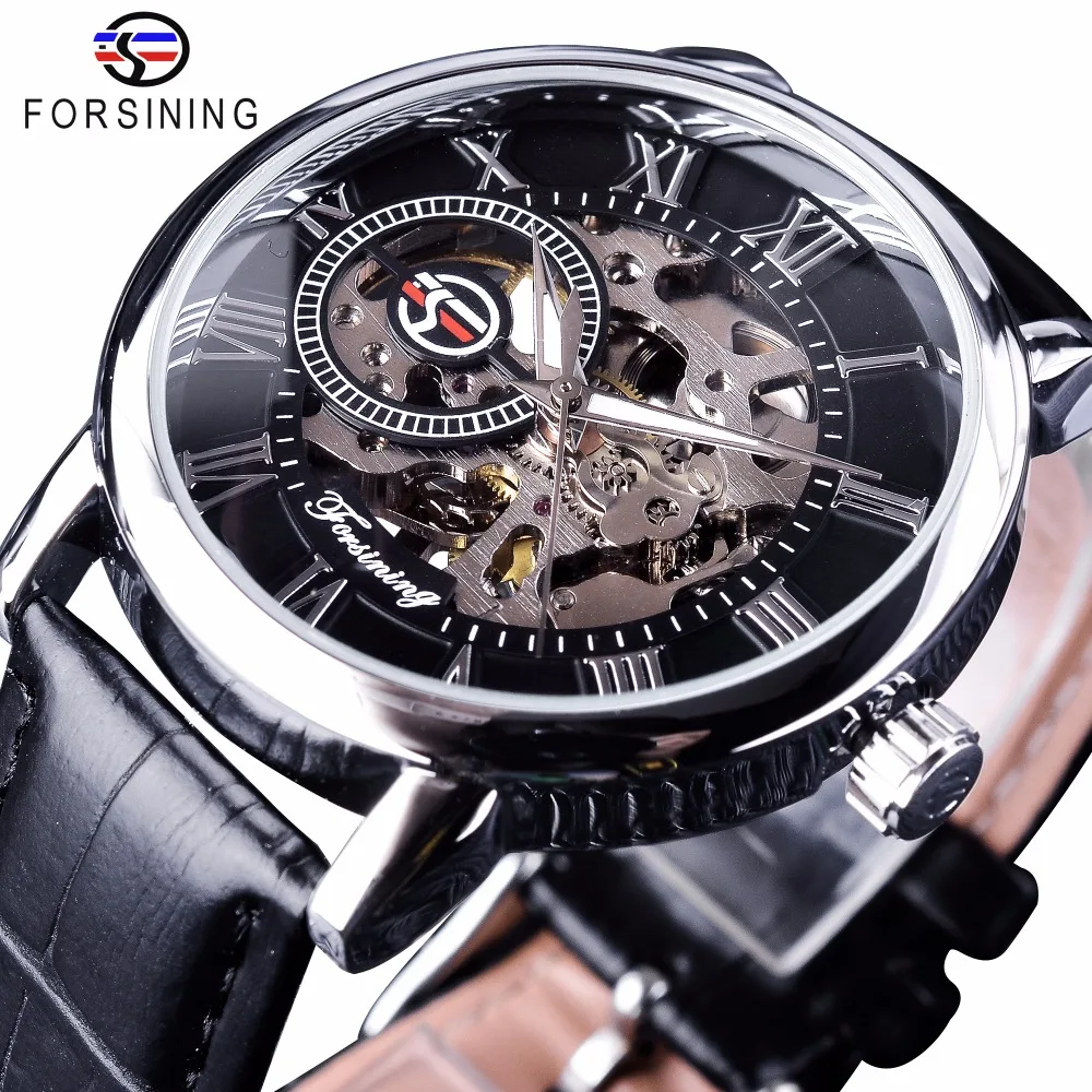 Forsining 3D Literal Design Open Working Black Dial Designer Watches Men Luxury Top Brand Skeleton Mechanical Watch Clock Men