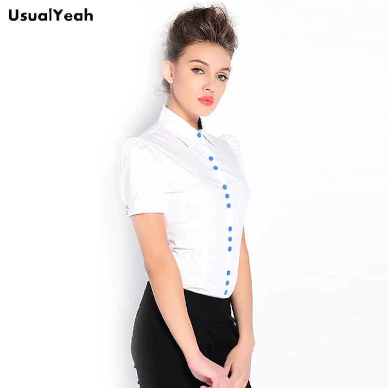 UsualYeah Neue Frauen Fashion Formal Kurzarm Körper Hemd einfarbig blusen shirts blusas feminina XXL Weiß Blau SY0323