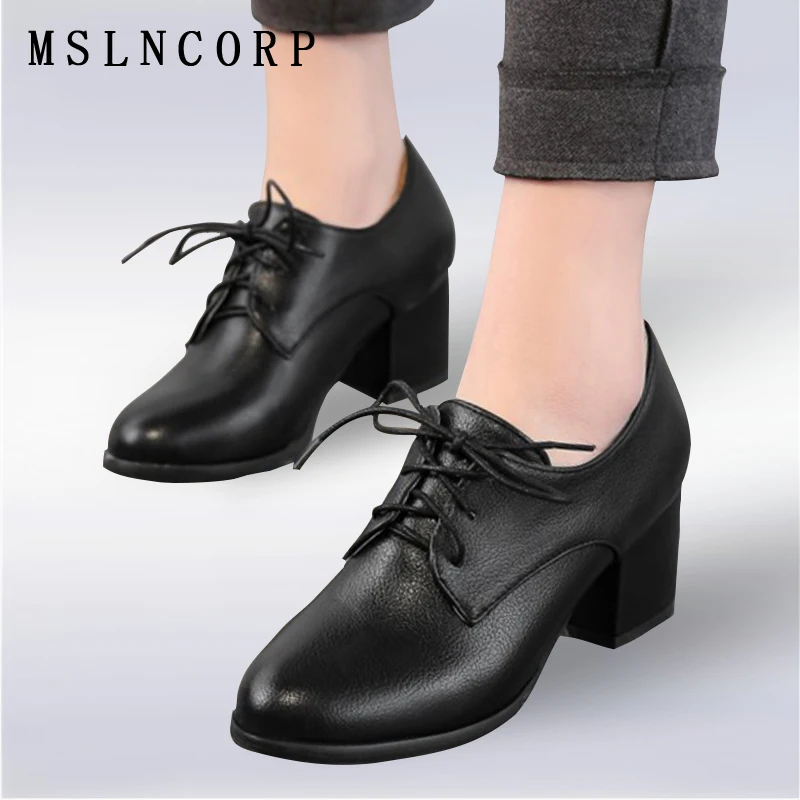 

Size 34-43 Spring autumn High Quality Thick high heels pumps women dress office Lace Up Fashion Comfortable Ladies Casual Shoes