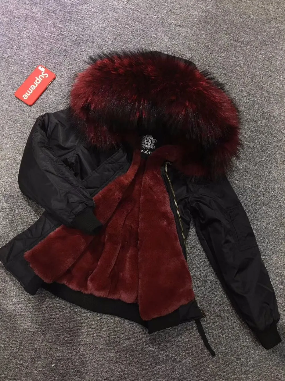 Popular Factory Burgundy Faux Fur Lined Bomber Jacket For Women&Men Big And Fuzzy Fur Collar Coat