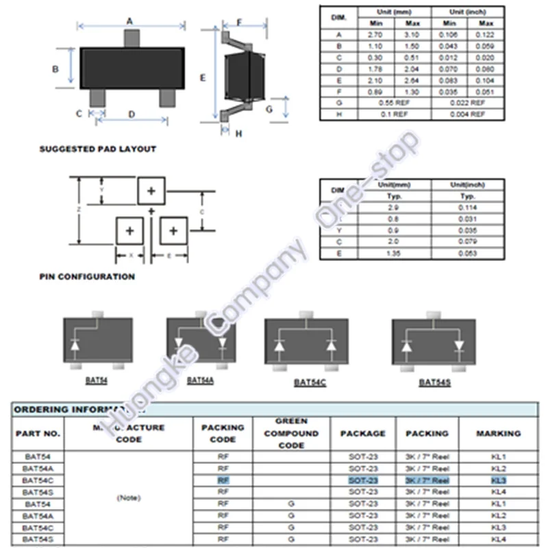 50 pz/lotto BAT54C Mark KL3 BAT54 KL1 SOT-23 SMD BAT54A Mark KL2 BAT54S Mark KL4 P-Channel Enhancement Mode MOSFET