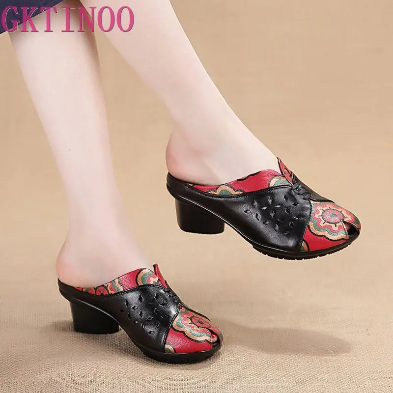 GKTINOO 2024 Summer Shoes Fashion Women Slippers Female Hollow Out Women Genuine Leather Sandals Med Heels Shoes zapatos mujer