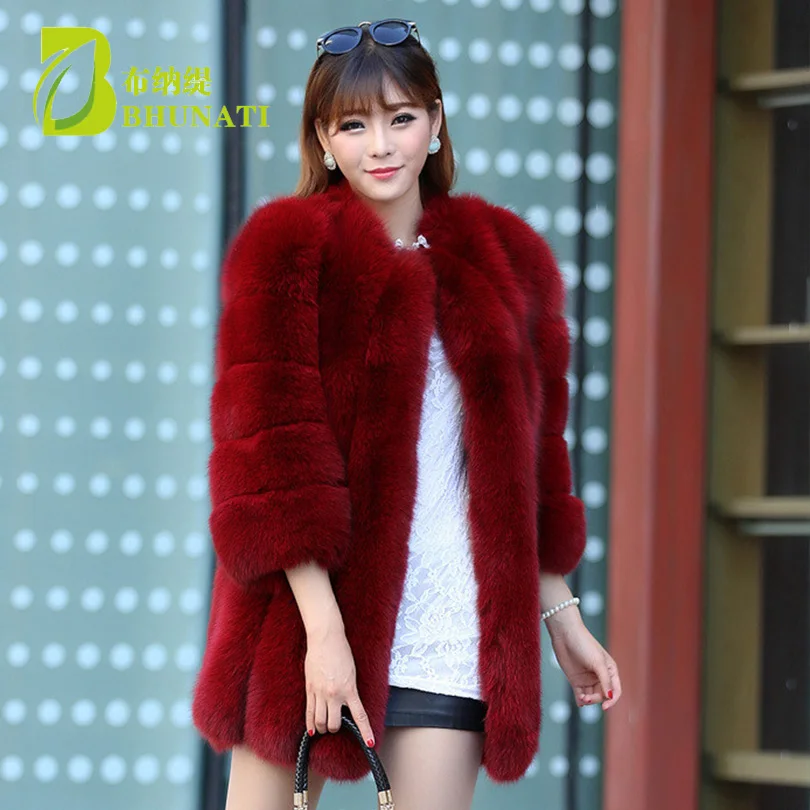 

BHUNATI Winter Coat Female Faux Fox Fur Coat Luxury Slim Long Fashion Three Quarter Sleeve Faux Fur Jacket Women Fake Fur Coat