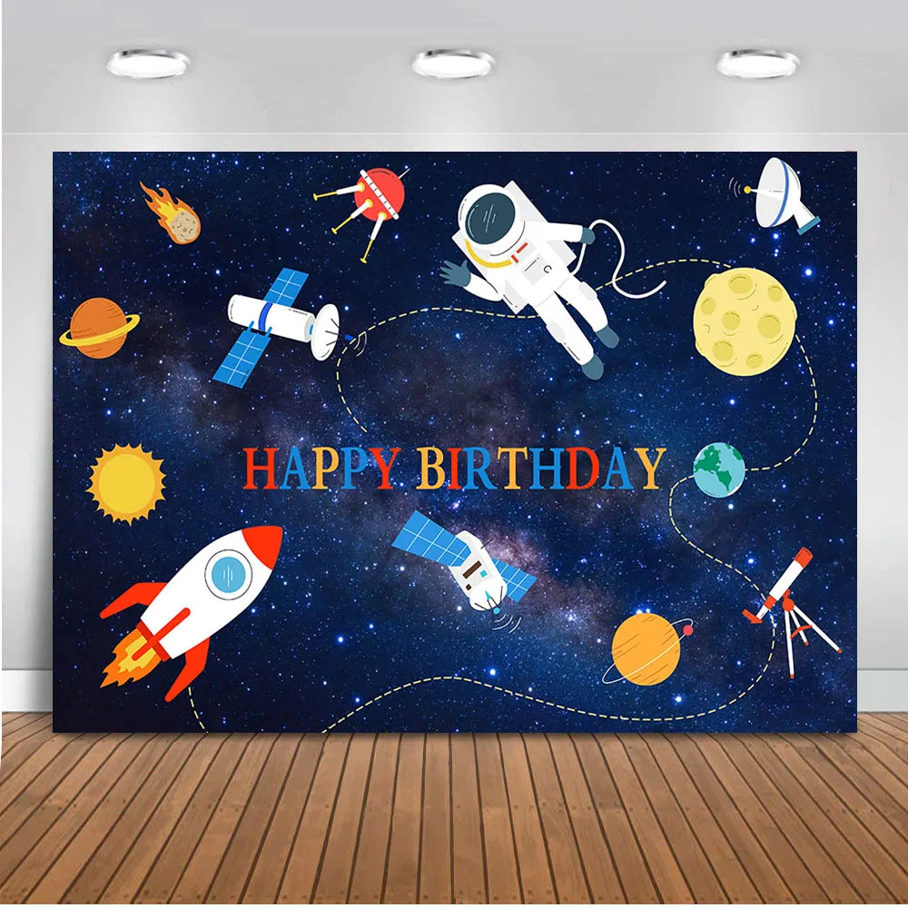 

Cartoon Astronaut Photo Background for Photography The Scientist Universe Birthday Theme Party Decor Backdrop for Meet