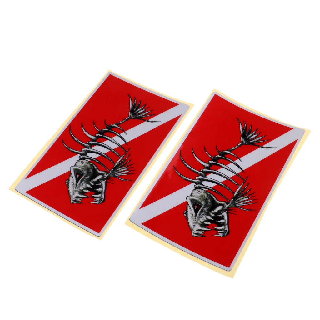 Perfeclan 2Pcs Reflective Scuba Diving Diver Down Flag Kayak Sticker Vinyl Decal Red Waterproof Skeleton Fish Kayak Accessories