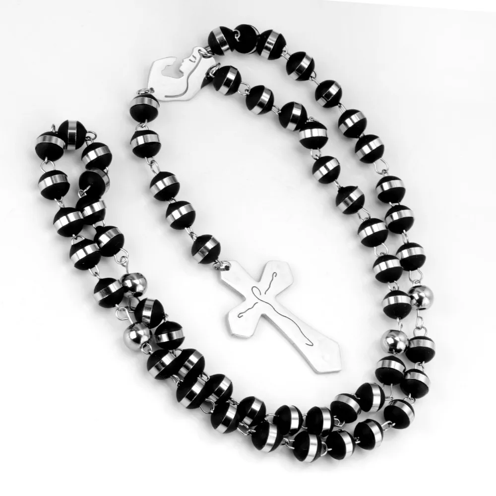 LUXUSTEEL Virgin Mary Cross Pendant Long Necklace For Women Men Stainless Steel Black Beads Silver Color Chain Rosary Jewelry