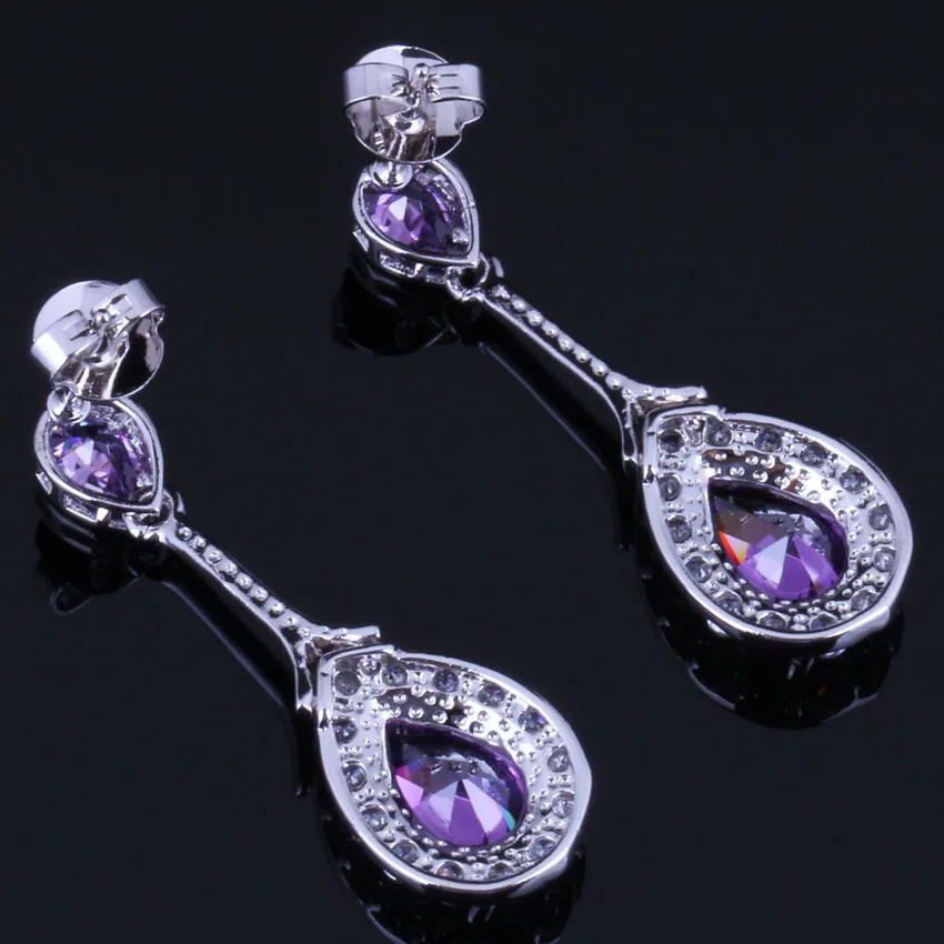 Gleaming Water Drop Purple Cubic Zirconia White CZ Silver Plated Drop Dangle Earrings V0722