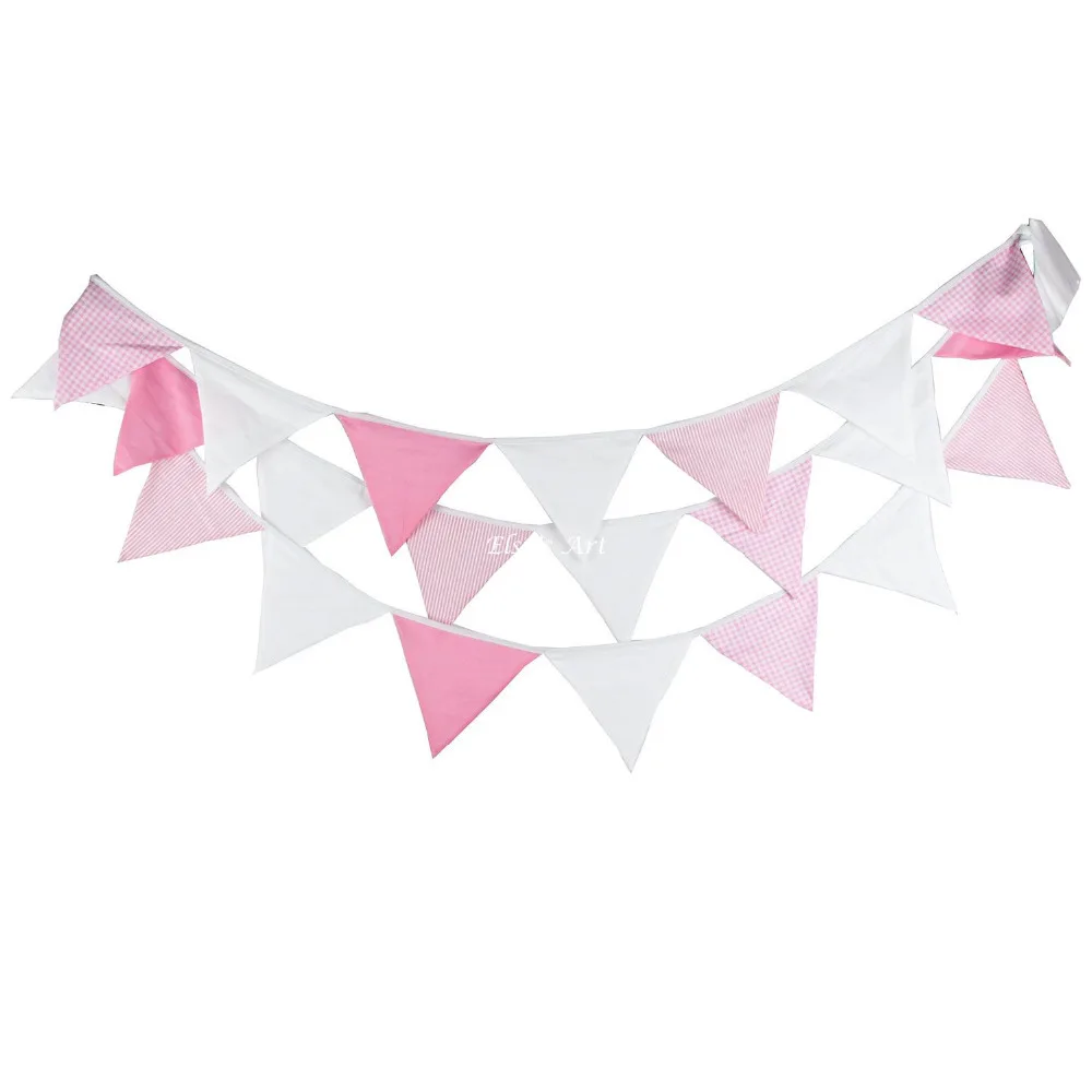 New 24 Flags - 5.4M Pink White Cotton Fabric Banners Bunting Decor Birthday Decoration Party Baby Shower Room Garden Decoration