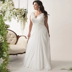 Jiayigong Cheap Plus Size Wedding Dresses Stock Customized Cap Sleeve V-neck Lace Applique Chiffon Beach  Dress Vestido De Novia