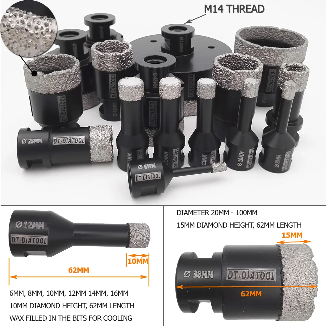 DT-DIATOOL 2pcs 12 มม.สูญญากาศ Brazed Diamond Drill Core Bits Hole SAW Professional เจาะ Bits M14 สำหรับหินอ่อนหินแกรนิต