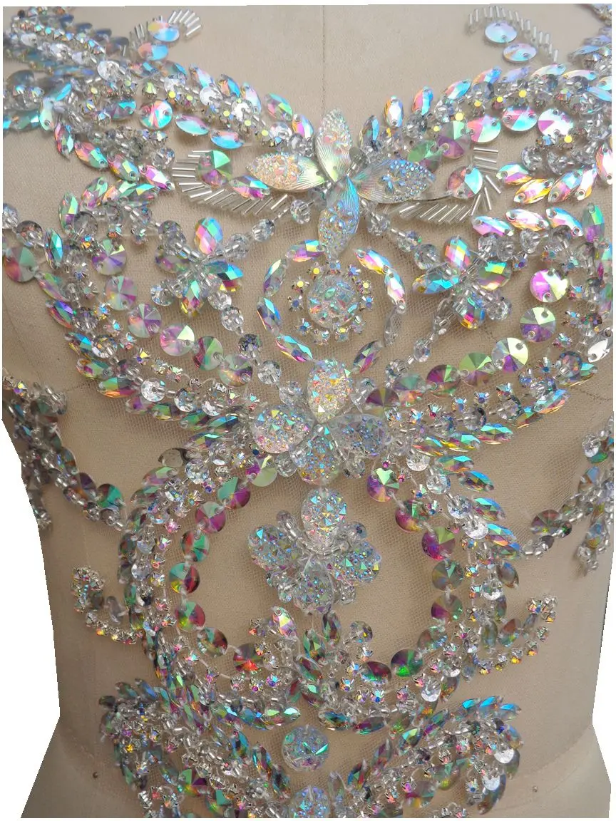 A301-8 hand made clear AB colour sew on Rhinestones  applique crystal patches trim 46*30cm for dress accessory