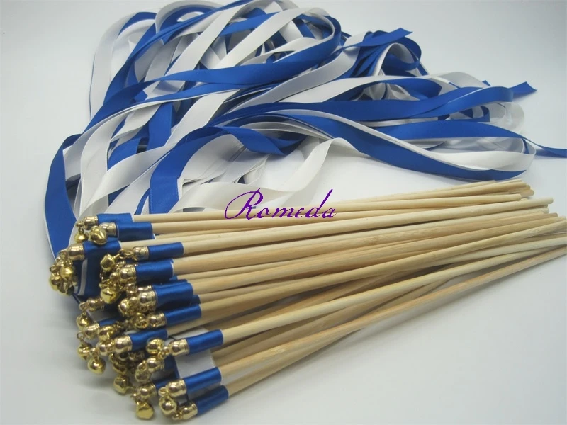 

50pcs/lot Newest royal blue ivory wedding ribbon stick with gold bell ribbon Twirling Streamers,ribbon wands