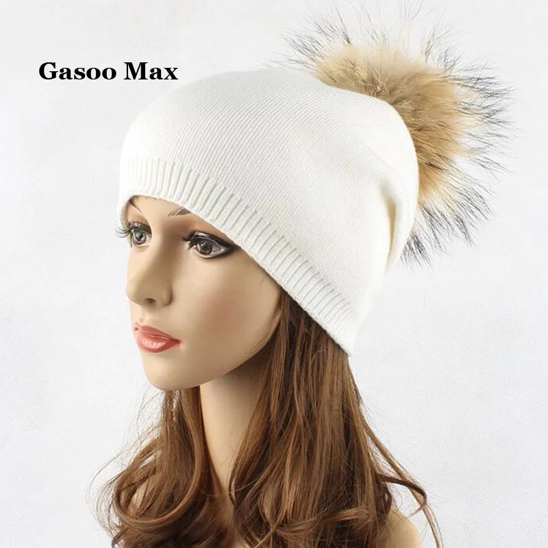 Autumn winter beanies hat Women knitted wool Skullies casual cap with real raccoon fox fur pompom girls ski gorros cap