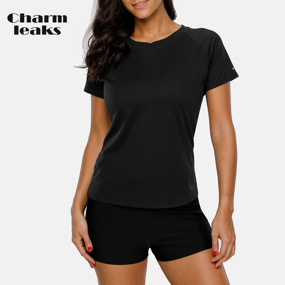 Charmleaks Women Short Sleeve Rashguard Shirts Solid Color Quick-drying Top UV-Protection Rash Guard UPF 50+ Running Shirts