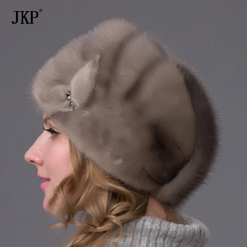 JKP Genuine Real Natural Whole Fur Mink Fur Hat New Russia Lady Women Winter warm Ear Protection Casual Floral Visors Caps