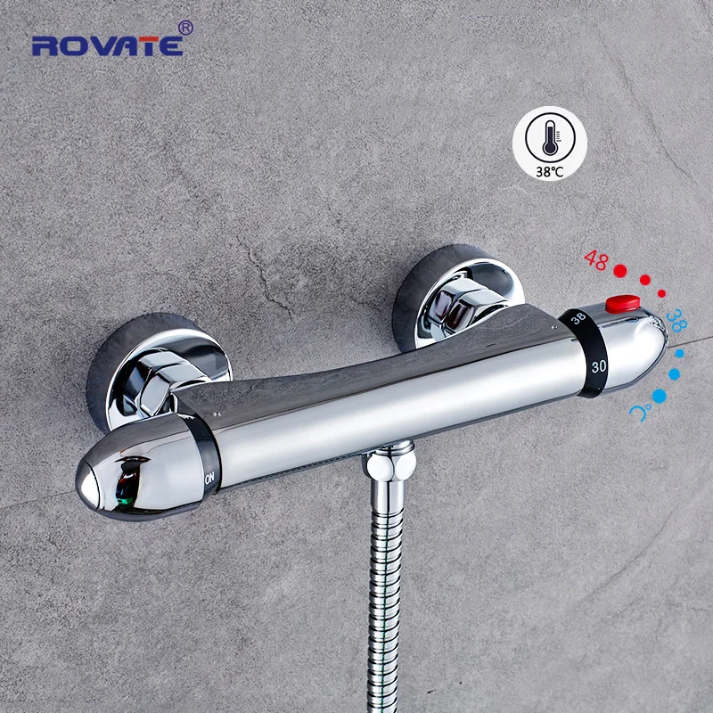 

ROVATE Bathtub Faucet Thermostat ControBrass Wall Mounted Chrome Bath Tap Mixer for Tub