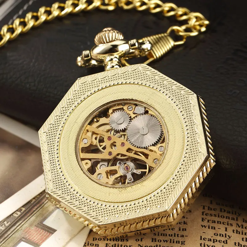 Luxury Gold Unique Octagon Roman Number Pocket Watch with FOB Chain Steampunk Full Steel Mechanical Hand-winding Pocket Watch