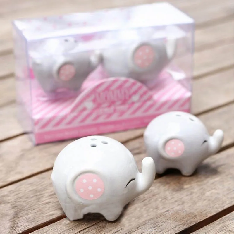 

100pcs=50sets/lot Baby Shower Mommy And Me Little Peanut Elephant Ceramic Salt And Pepper Shaker Wedding Favors Gifts ZA1217