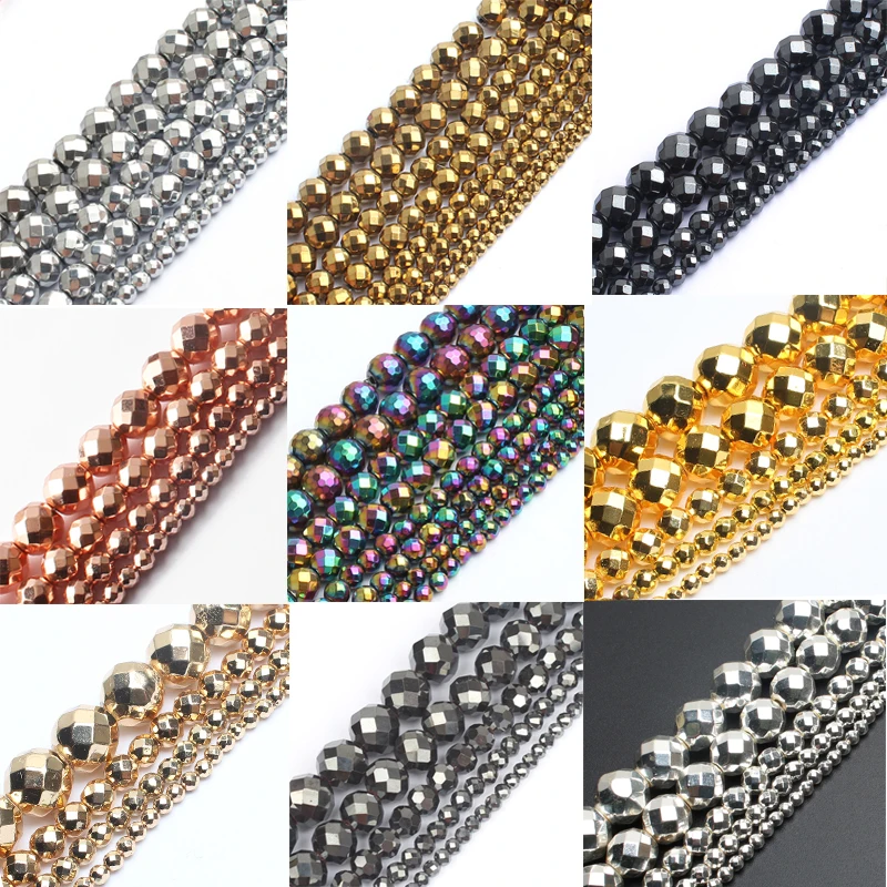 AAA Faceted Silver Plated Rose Gold Hematite Natural Stone Beads Round Loose beads For Jewelry Making 3/4/6/8/10mm Diy Bracelet